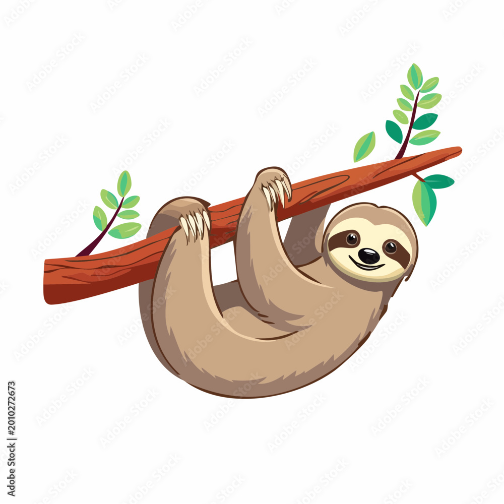 Fototapeta premium Cartoon Sloth Hanging on a Tree Branch