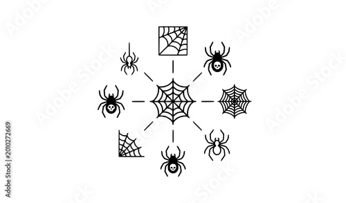 Quadro su tela Gothic spider web icons hanging arachnid skull silhouette horror symbol radial o