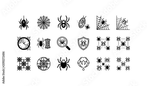 Photos Spider and web icon set hanging spider gothic outline symbols poisonous arachnid