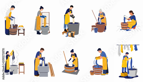 Fotografie Vector set of artisans performing traditional indigo fabric dyeing, dipping cloth into blue dye vats, isolated on a white background