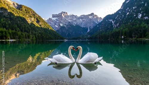 Two White Swans Forming A Heart Shape With Their Necks On A Calm Turquoise Alpine Lake With Mountain Peaks And Forest Reflections In The Wilderness