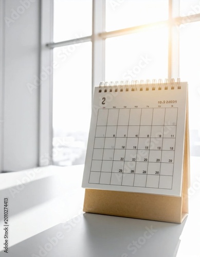 Desktop paper calendar standing on office table near window with natural sunlight, time planning and schedule management, deadline tracking, work organization