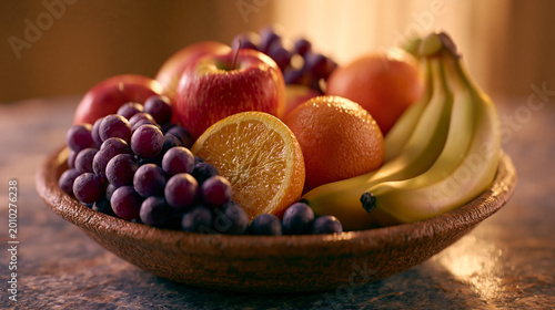 Variety of fresh fruits including apples oranges bananas and grapes in a wooden bowl