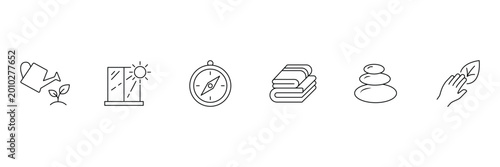 Fotografie Personal wellness and mindfulness icon set including watering can, sunny window, compass, folded towels, zen stones and leaf vector