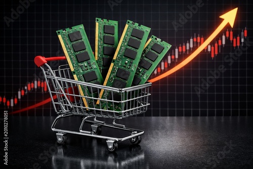 Rising computer memory prices shown by creative shopping cart concept. Ai generative