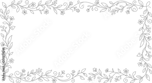 Elegant minimalist black continuous line floral border frame with delicate small flowers and swirling vines perfect for invitations cards decorative elements and natural design themes isolated