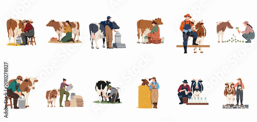 Valokuva Set of flat vector illustrations depicting male and female farmers caring for cows, milking, and handling fresh milk on a dairy farm