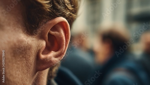 Close-up of a human ear in sharp focus with a blurred background of people.