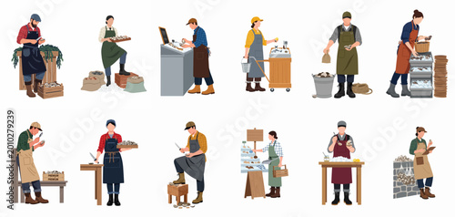 Foto Collection of fishmongers and oyster farmers shucking, sorting, and selling fresh seafood in various market and coastal farm settings, flat vector illustration