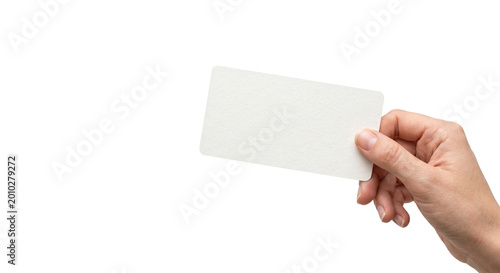 Blank business card held by hand, white paper card mockup for branding, person holding empty name card for corporate identity isolated PNG with Transparent Background