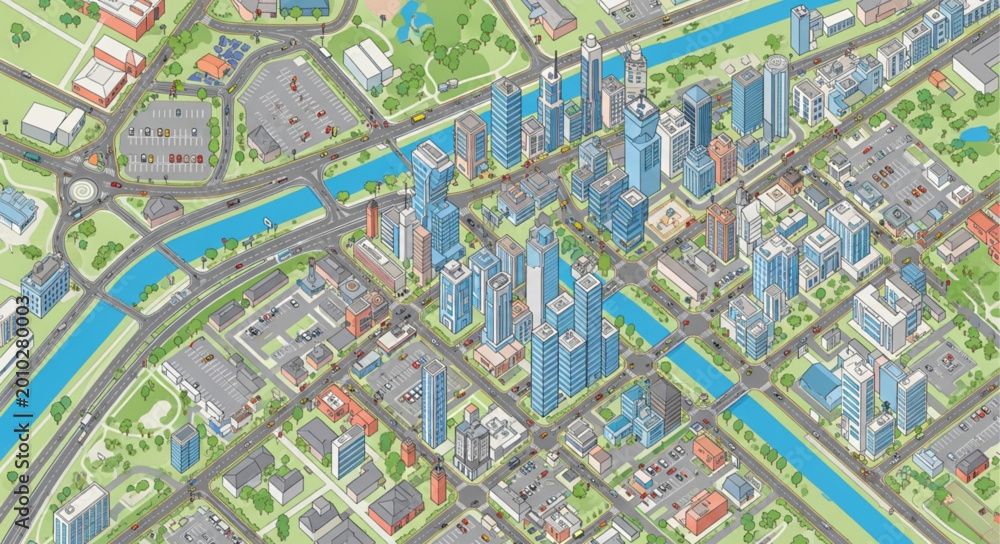 Fototapeta premium Aerial view of a modern city with skyscrapers and rivers.