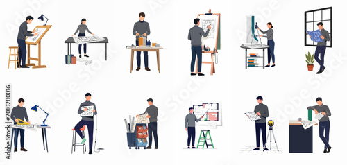Cuadro en lienzo A collection of flat vector characters illustrating architects and engineers performing diverse professional tasks like drafting, building models, and reviewing blueprints in studios