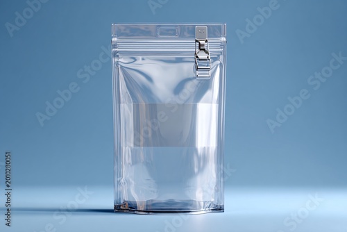 transparent resealable plastic pouch for food packaging on blue gradient background