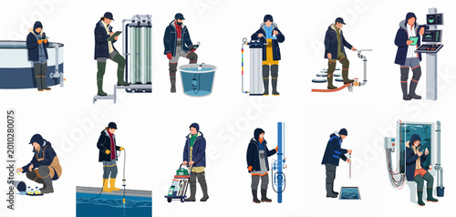 Bilde på lerret Flat vector illustrations of professional workers managing aquaculture systems, performing water quality testing, and monitoring fish farm operations in a modern industrial facility