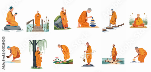 Obraz na płótnie Set of Buddhist Monk Illustrations Performing Various Spiritual Activities, Medi
