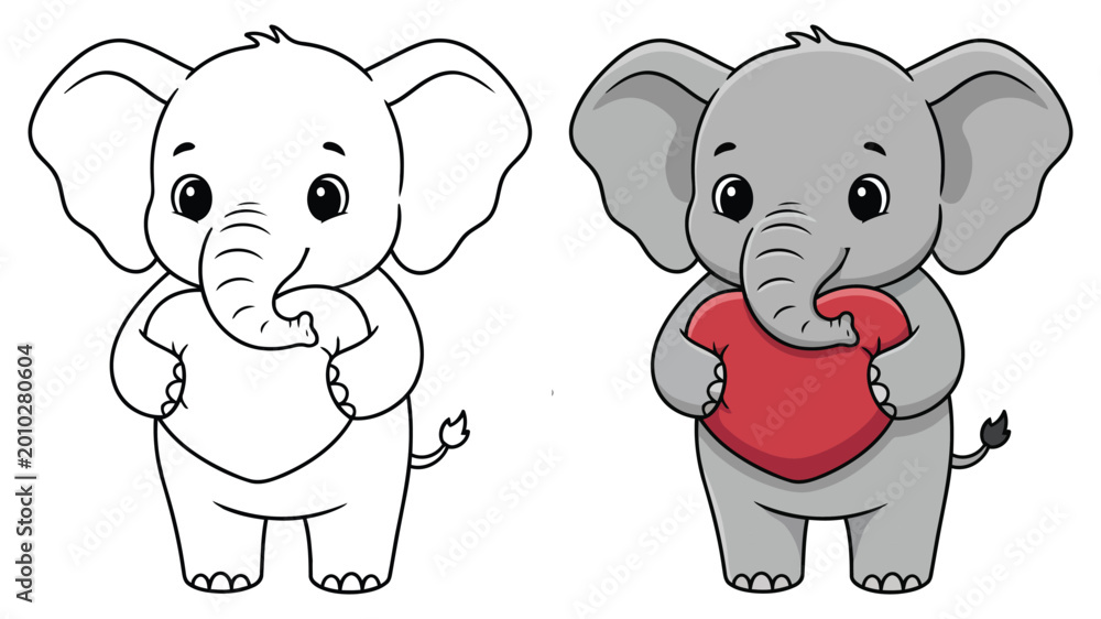 Obraz premium Elephant characters feature a cute standing baby calf holding a large red heart for this coloring page