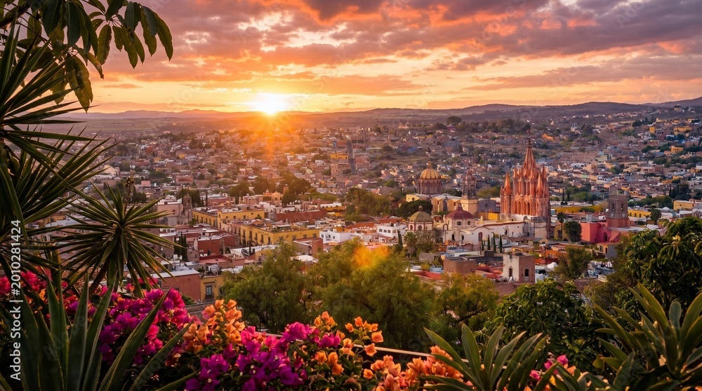 Fototapeta premium San Miguel de Allende at sunset with flowers in the foreground