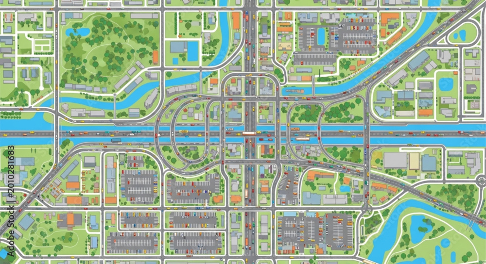 Fototapeta premium Aerial view of a modern city plan with roads and waterways.