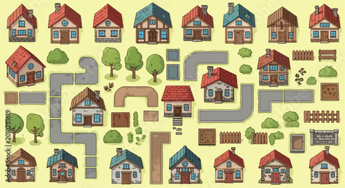 Εκτύπωση καμβά Isometric village map creator kit, medieval cottage houses and road construction