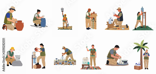 Schilderij op canvas Set of illustrations depicting volunteers and humanitarian workers installing water filtration and purification systems for rural communities and social aid projects