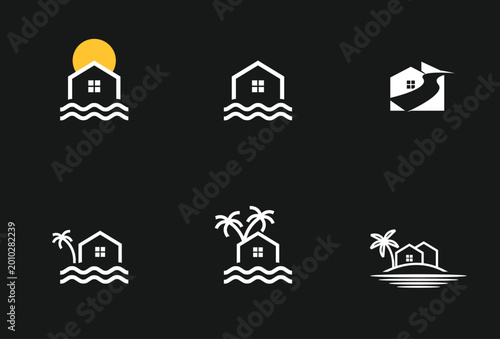 Minimalist House and Water Logo Designs Collection for Coastal Property, Beach Resort, and Vacation Rental Concepts
