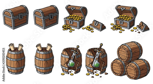 Bild auf Leinwand Medieval fantasy game assets collection, wooden treasure chests with gold coins,
