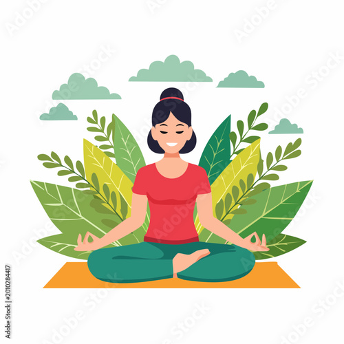 Woman Meditating in Lotus Pose Surrounded by Green Leaves and Clouds
