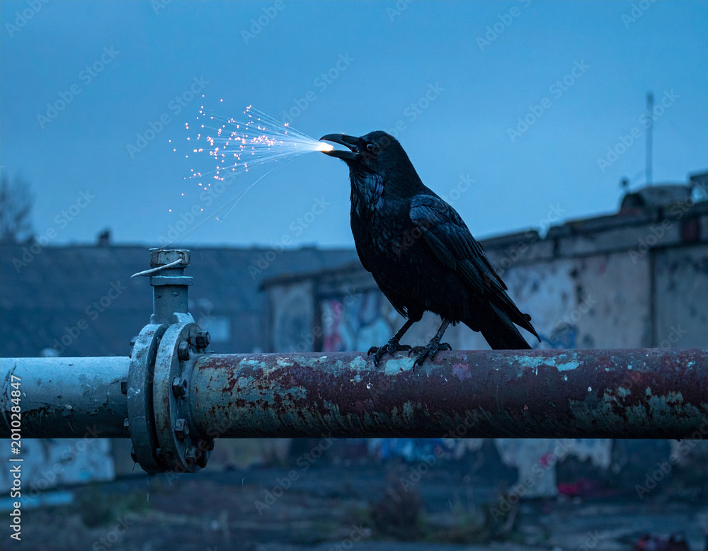 Naklejka premium A black crow holds a glowing fiber optic cable in its beak while perched on a rusty industrial pipe.
