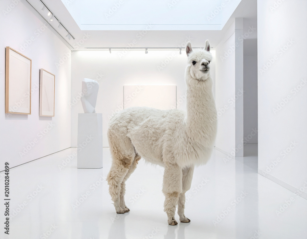Fototapeta premium A fluffy white llama stands in the center of a minimalist white art gallery beside a single modern sculpture.