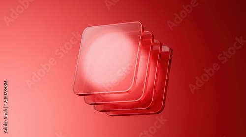 Abstract 3d render of stacked translucent red glass squares with rounded corners, minimalist geometric composition, vibrant monochromatic design element for modern digital art and graphic backgrounds