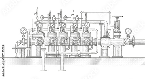 Φωτογραφία Detailed engineering illustration of mechanical apparatus with gauges and valves