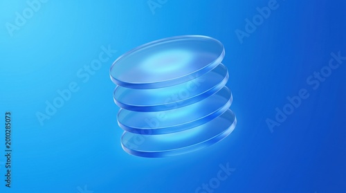 Abstract 3d illustration of a stack of four transparent glass discs or lenses floating in the air, modern minimalist design element on a blue gradient background