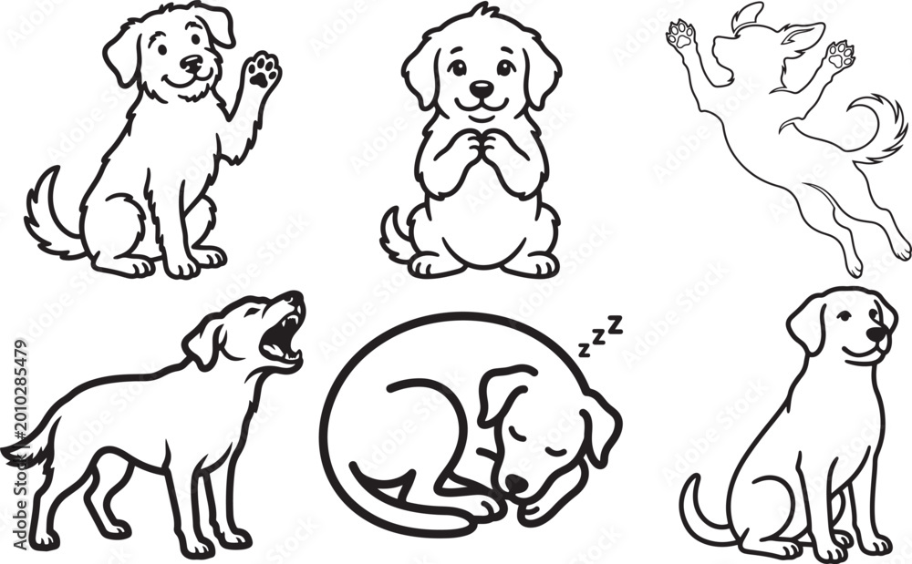 Obraz premium Funny Dog Bold Outline Silhouette Line Art Set