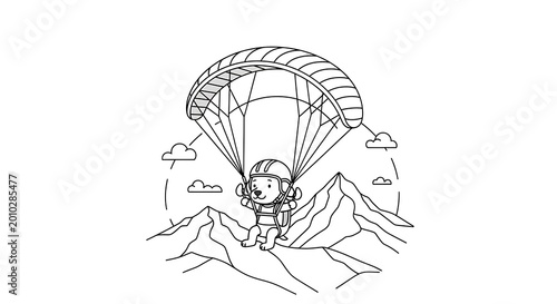 A cartoon lion wearing a helmet and backpack enjoys a paragliding experience over majestic mountain peaks with clouds in the sky