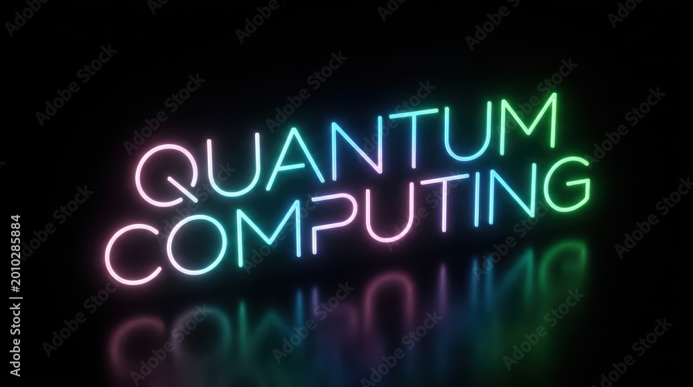 Obraz premium Quantum computing text rendered in vibrant neon glowing letters on a dark reflective background for technology concepts.