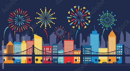 Vibrant cityscape with colorful fireworks display.