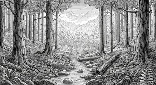 A serene forest landscape with a winding stream.