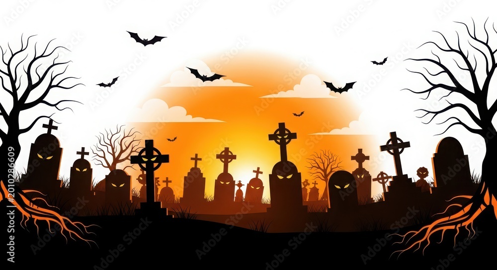 Naklejka premium Spooky Halloween graveyard scene with tombstones bats and bare trees against orange sunset cemetery crosses