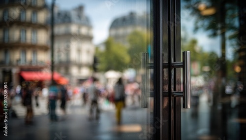 View through a glass door onto a bustling Parisian street scene.