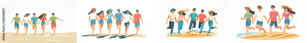 Fototapeta premium vector of happy friends running on the beach sand in summer