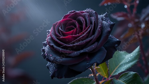 Dark burgundy rose covered in raindrops blooming in a moody garden, dramatic lighting, gothic romance, mystery, luxury floral
