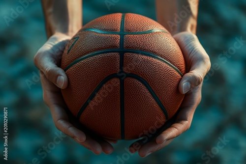 Hands hold a basketball before a game in a sports arena during the evening