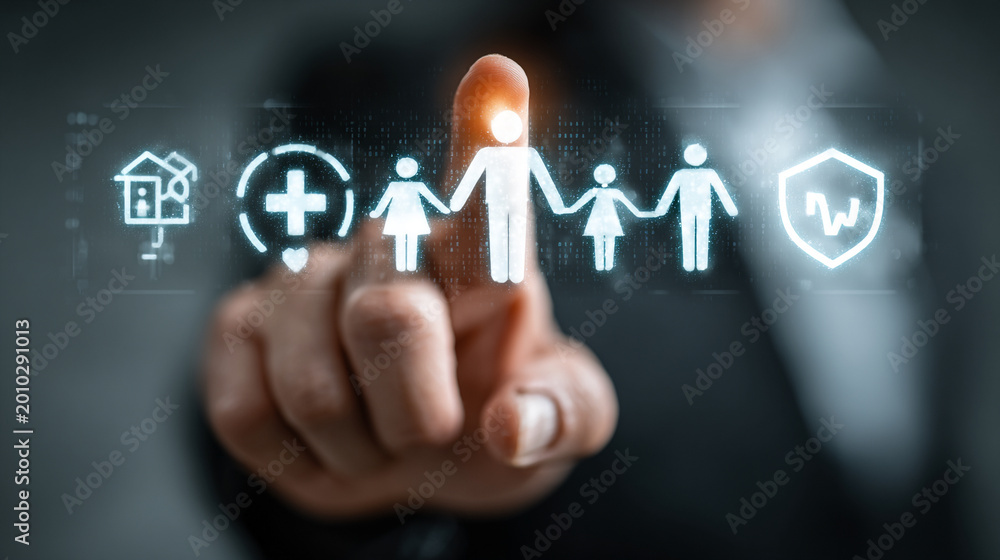 Obraz premium A photorealistic insurance technology concept of a business professional selecting family protection and financial coverage icons on a holographic interface 