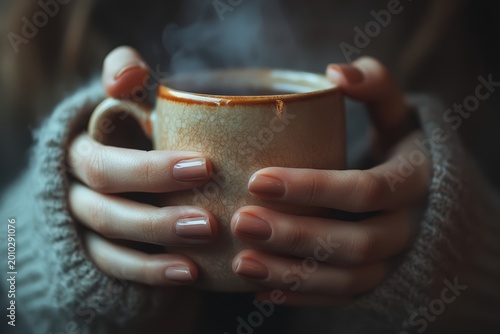 Warm cup of coffee held by hands in a cozy setting on a chilly morning