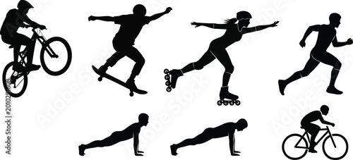 Sport fitness athletic person bicycle skateboard skating vector silhouette illustration.