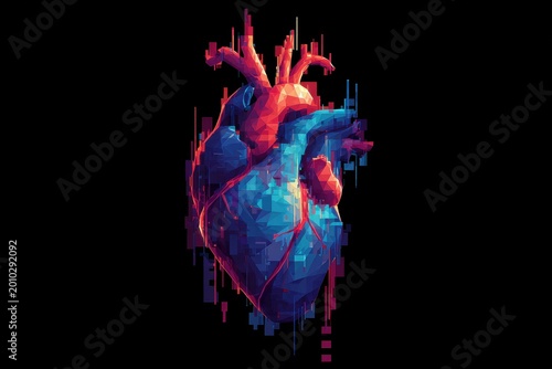 Low poly geometric human heart with glitch effect on black background
