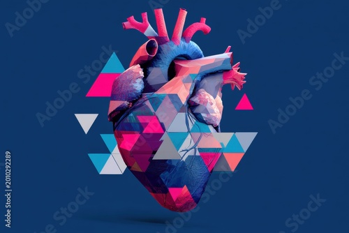 Low-poly geometric human heart digital art on blue background
