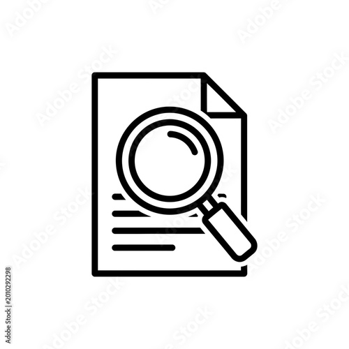 Foto Document with Magnifying Glass Icon Black Outline Vector Illustration White Back
