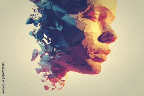 Low-poly human face profile fragmenting with color gradient