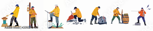Foto Flat vector illustrations of sailors and deckhands in yellow raincoats performing various maritime tasks and operations on a ship's deck against a white background